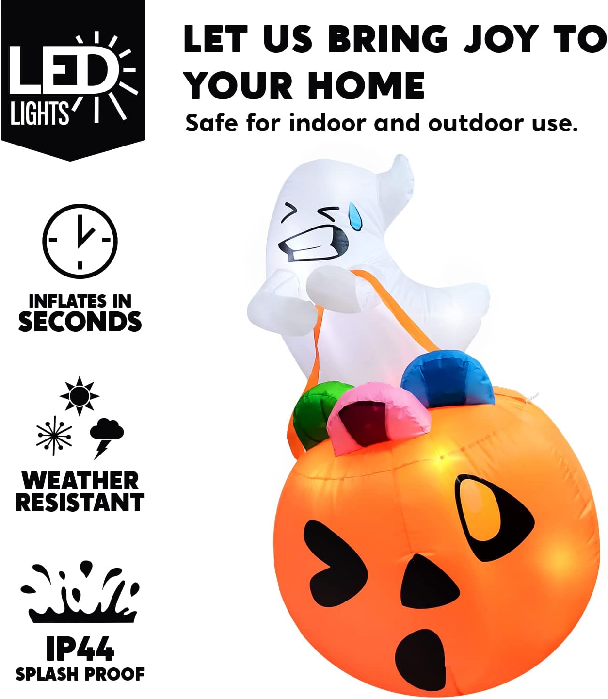 5 FT Tall Halloween Inflatable Cute Ghost Inflatable Lift Pumpkin Candy Bag with Build-in LEDs Blow Up Inflatables for Halloween Party Indoor, Outdoor, Yard, Garden, Lawn Decorations