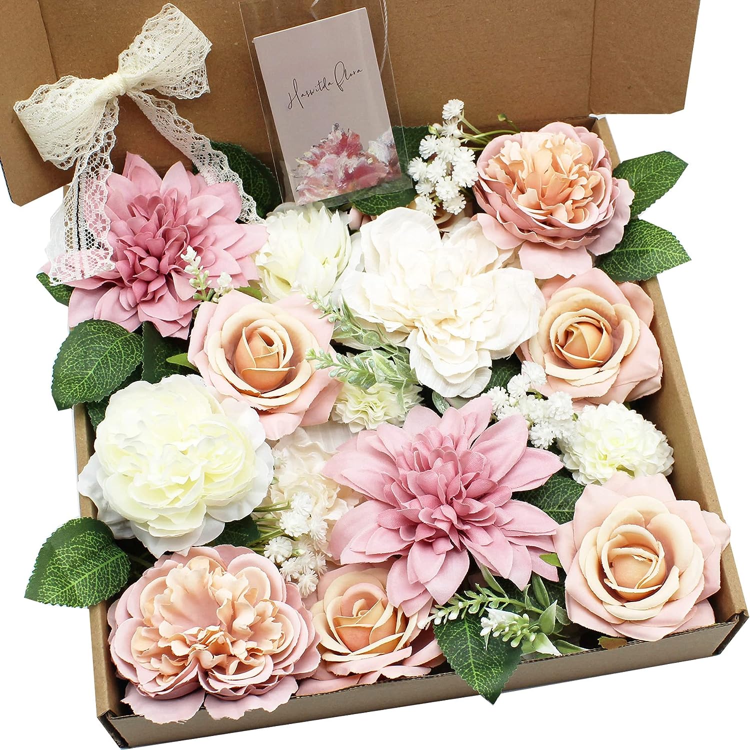 Artificial Silk Flower Bouquet Box Faux Flower Head Fake Table Decoration Arrangement for Wedding Birthday Baby Shower Party Gift Pink & White