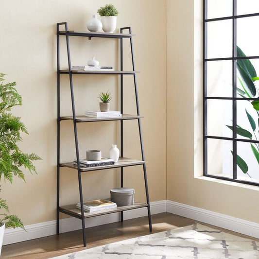 5 Tier Open Storage Modern Ladder Metal & Wood Industrial Ladder Bookshelf Unit