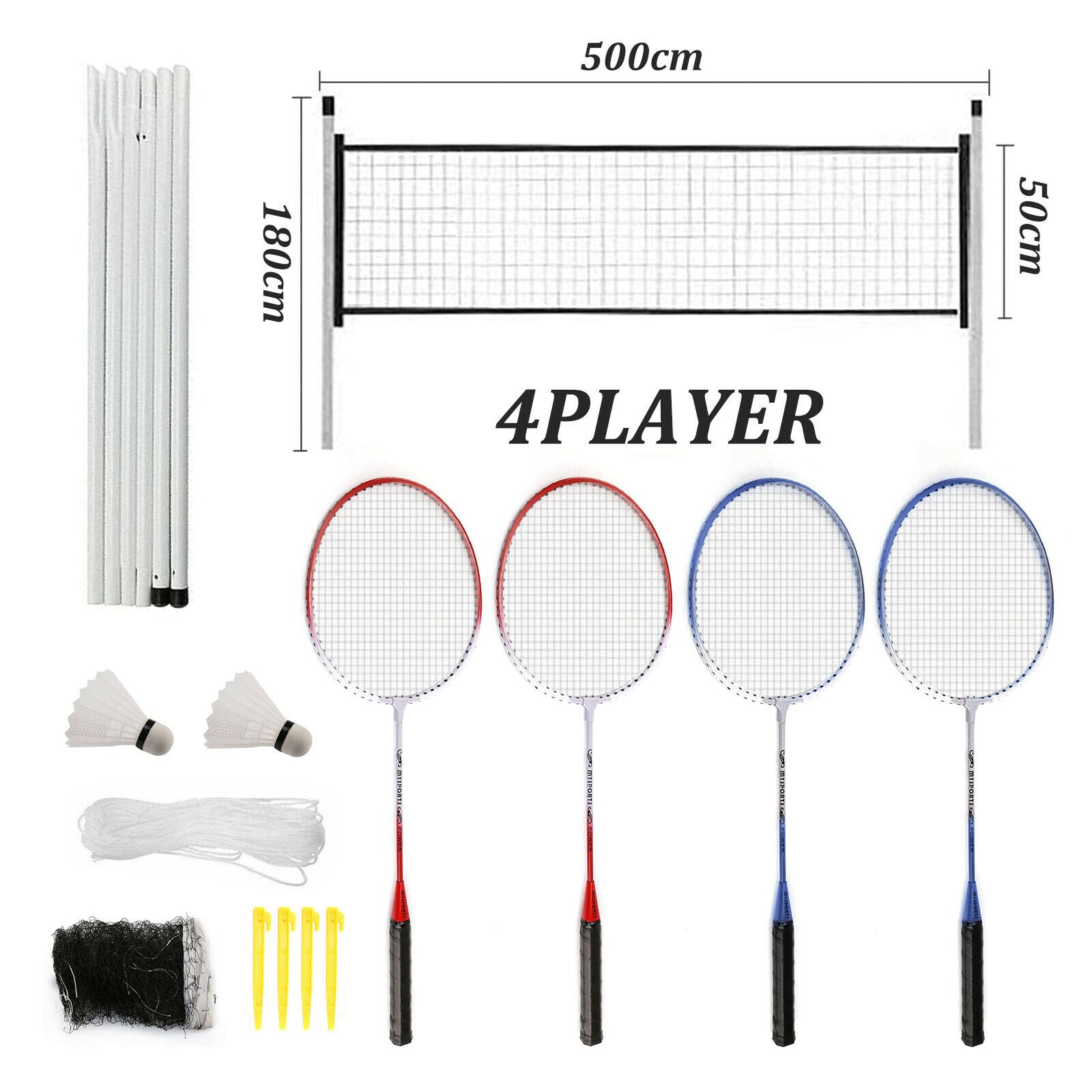 Professional Badminton Set 4 Player Racket Shuttlecock Poles Net Bag Garden Game