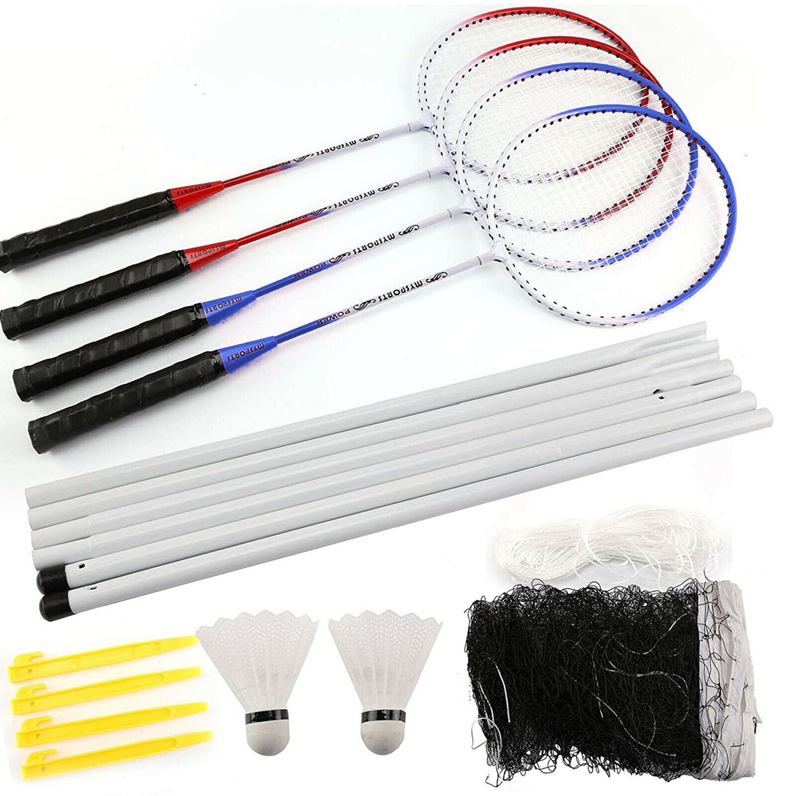 Professional Badminton Set 4 Player Racket Shuttlecock Poles Net Bag Garden Game