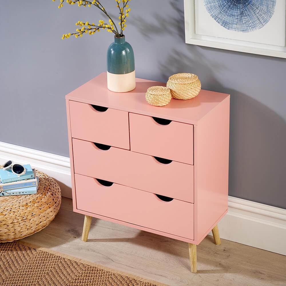 Pink Chest of 4 Drawers Wooden Scandi Style Legs Modern Integrated Handles