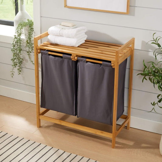 Laundry Basket with Pull out Shelf Bamboo Frame 2 Fabric Compartments Bathroom