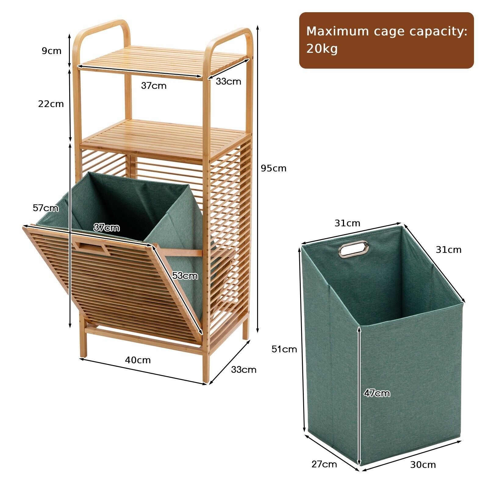 Bamboo Bathroom Shelf Tilt-out Laundry Hamper Storage Organiser w/Laundry Basket