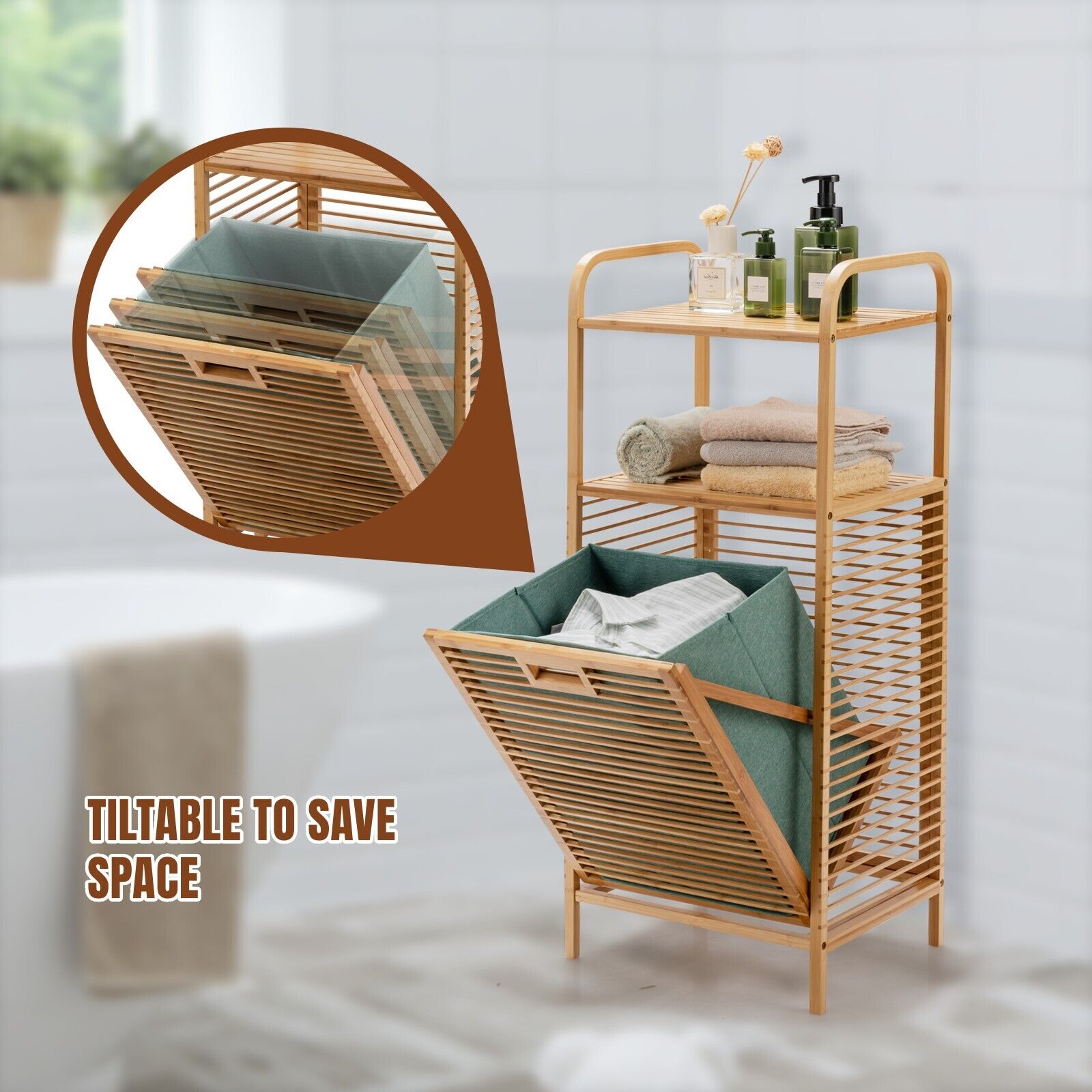 Bamboo Bathroom Shelf Tilt-out Laundry Hamper Storage Organiser w/Laundry Basket