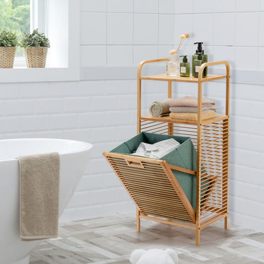 Bamboo Bathroom Shelf Tilt-out Laundry Hamper Storage Organiser w/Laundry Basket