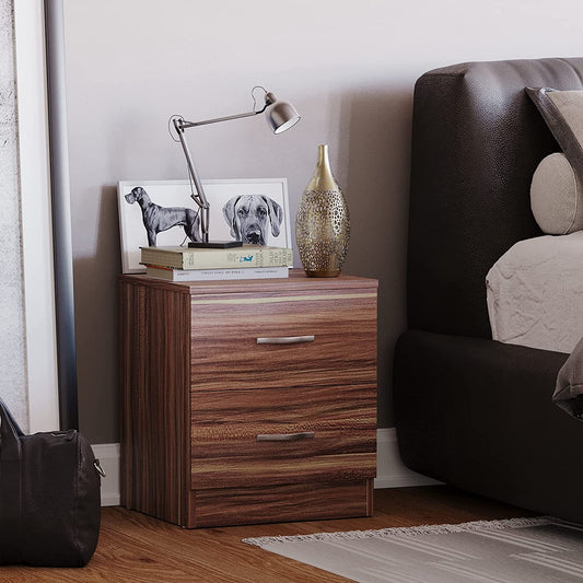 Walnut Bedside Cabinet, 2 Drawer With Metal Handles & Runners