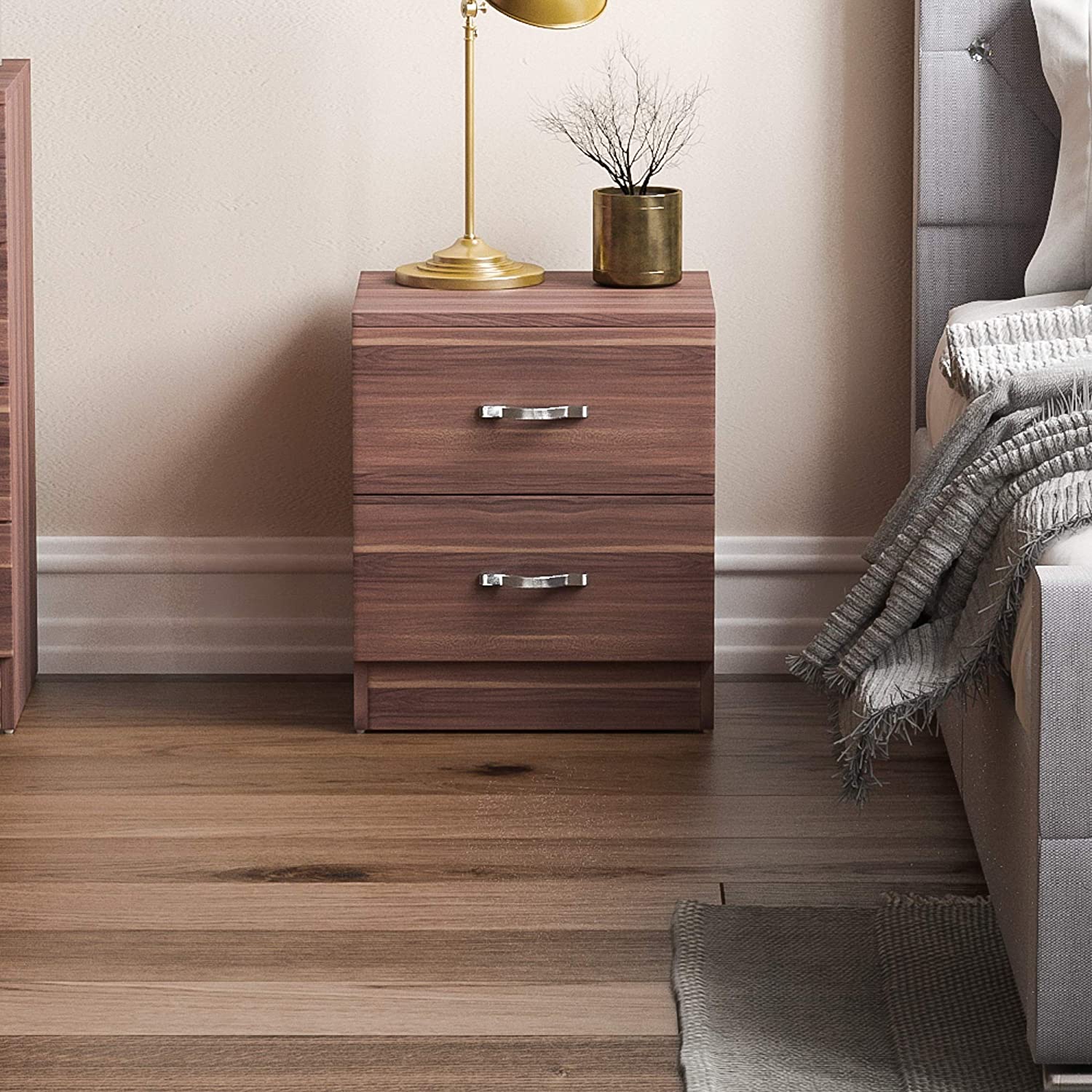 Walnut Bedside Cabinet, 2 Drawer With Metal Handles & Runners