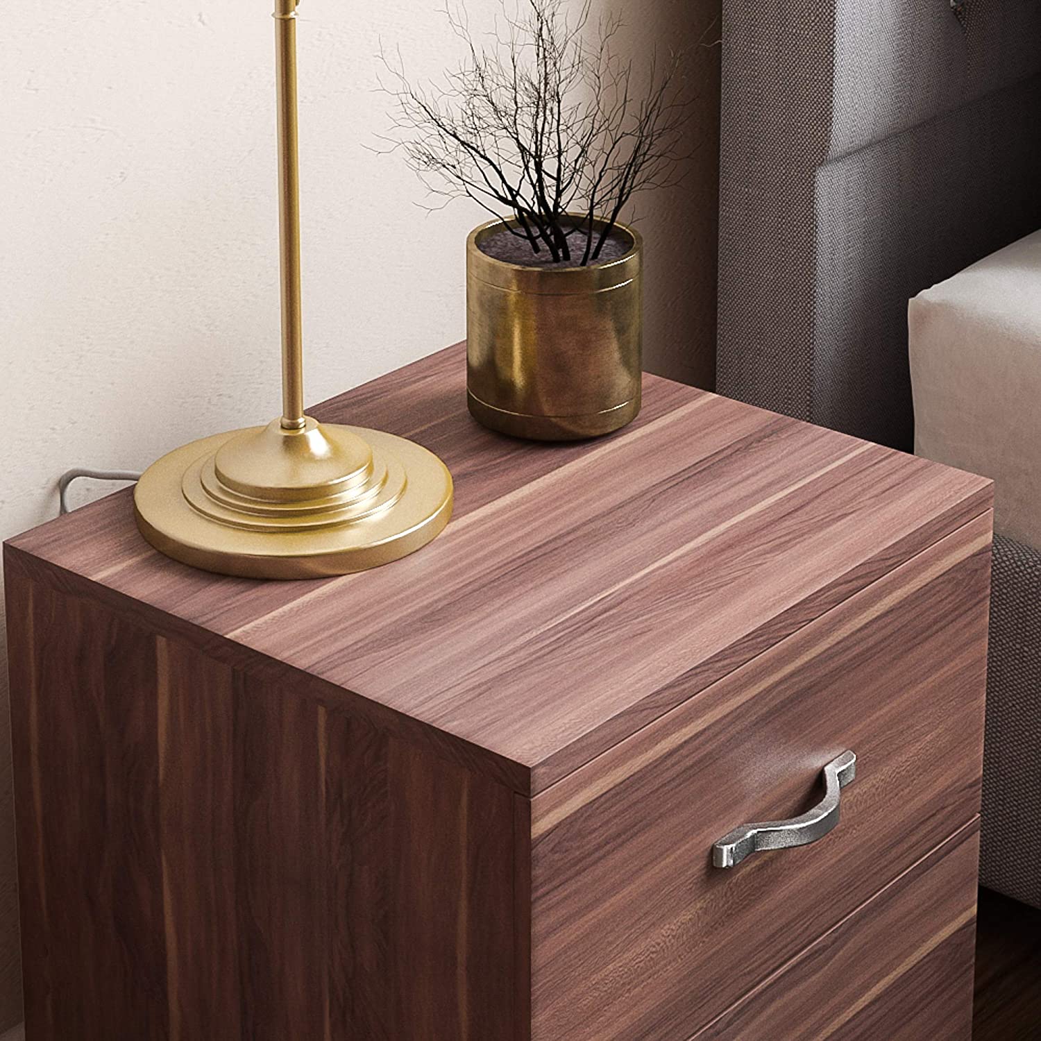 Walnut Bedside Cabinet, 2 Drawer With Metal Handles & Runners