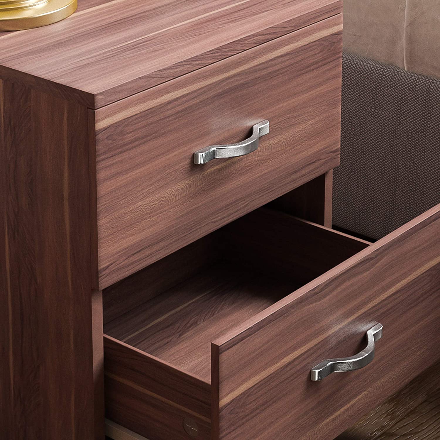 Walnut Bedside Cabinet, 2 Drawer With Metal Handles & Runners