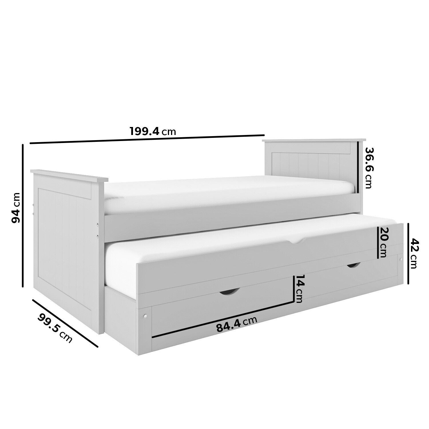 Single Bed Grey Wooden with Trundle Bed and 2 Drawers