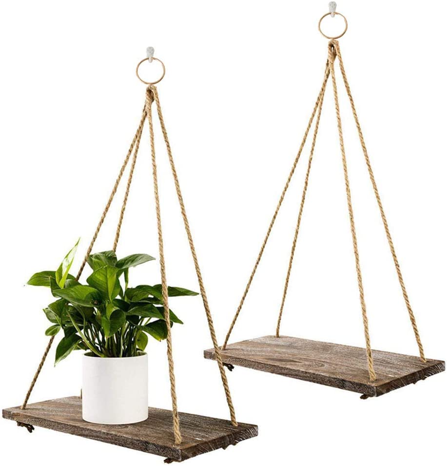 2 Rustic Wooden Floating Shelves with String Rope