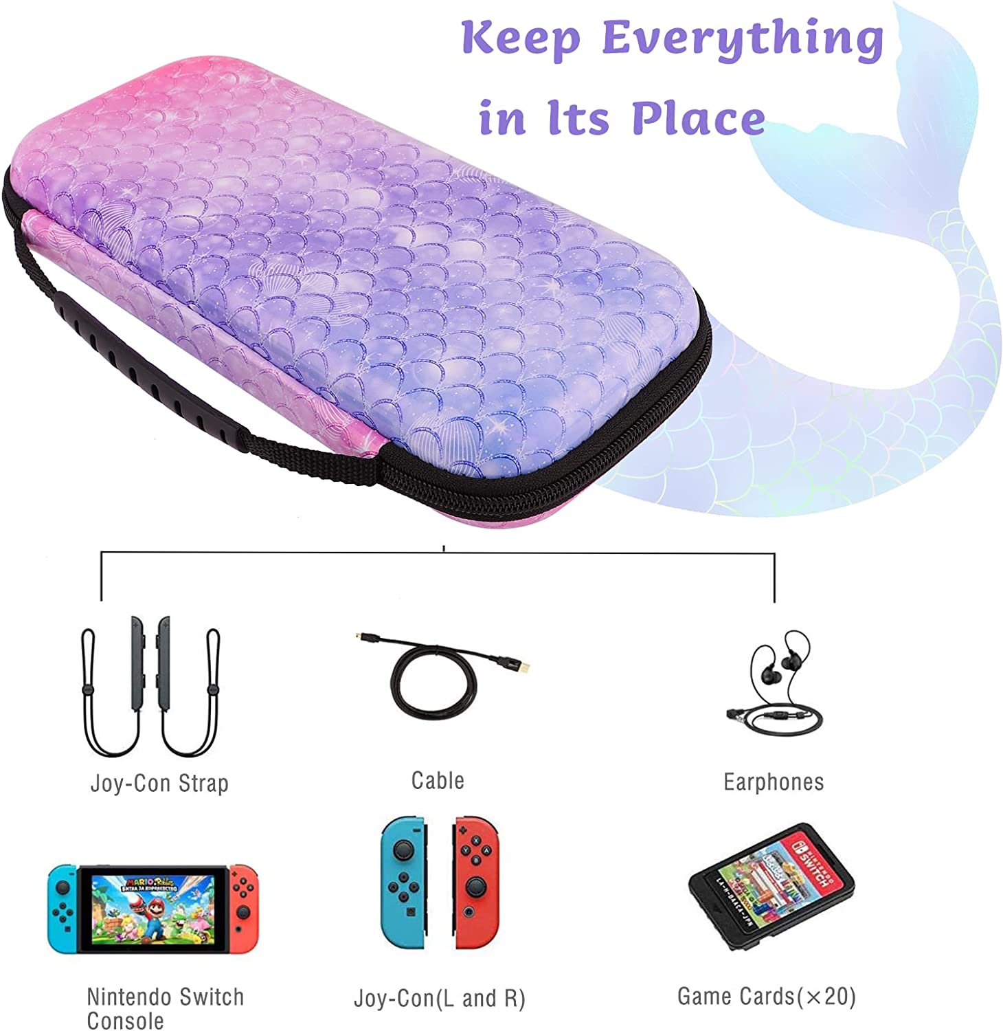 Mermaid Carrying Case Cover Kit Compatible with Nintendo Switch with Carry Handle for Console Accessories