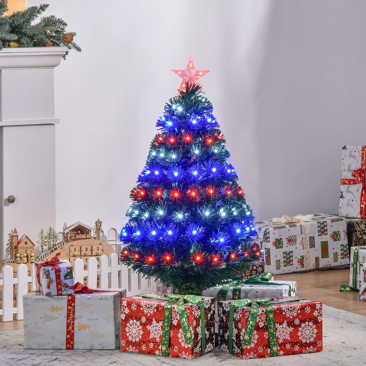 3 Feet Prelit Artificial Christmas Tree with Multi-Coloured Fiber Optic LED Light, Holiday Home Xmas Decoration, Green