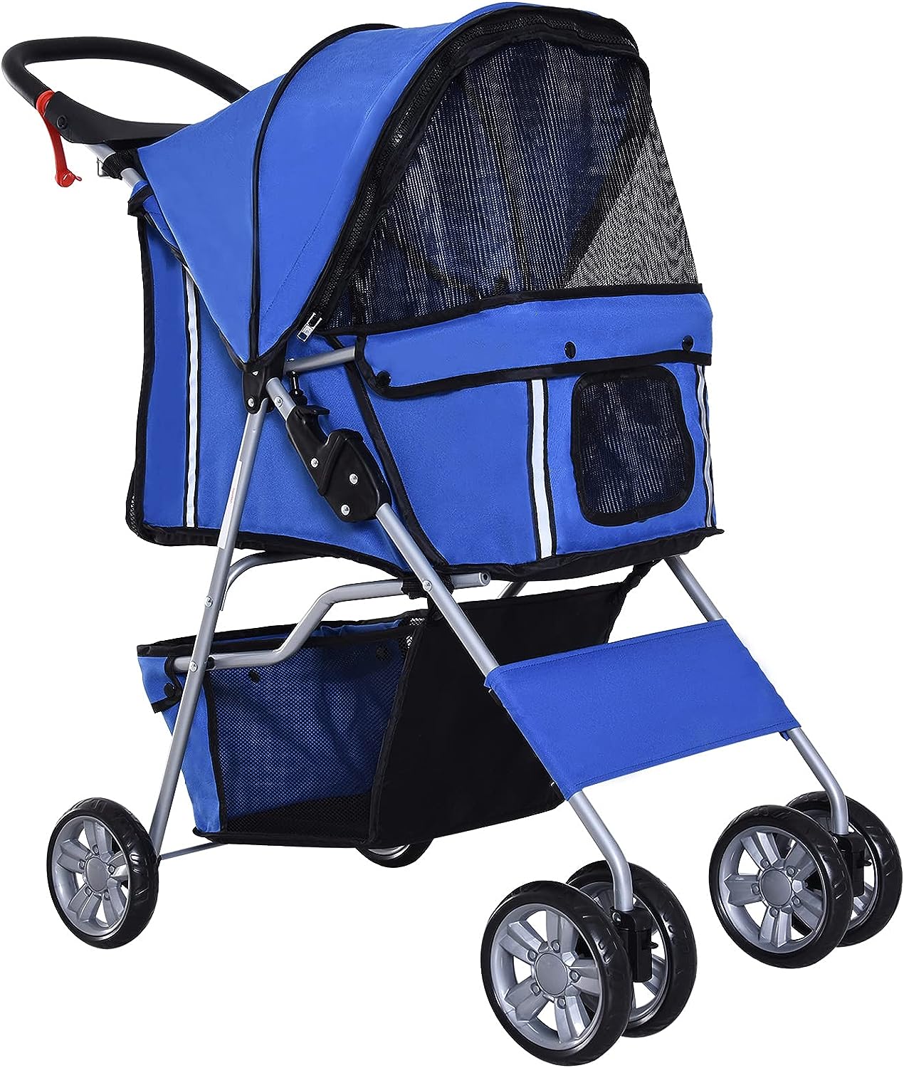 Pet Stroller for Small Dogs Cats Foldable Travel Carriage with Wheels Zipper Entry Cup Holder Storage Basket Blue