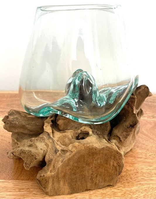 Molten Bowl On Wood Root Stand | Decorative Bowl | Glass Rustic Wood Decorative