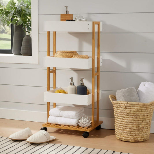 Bamboo Storage Trolley White 4 Tier with Wheels Kitchen Bathroom Organiser Unit