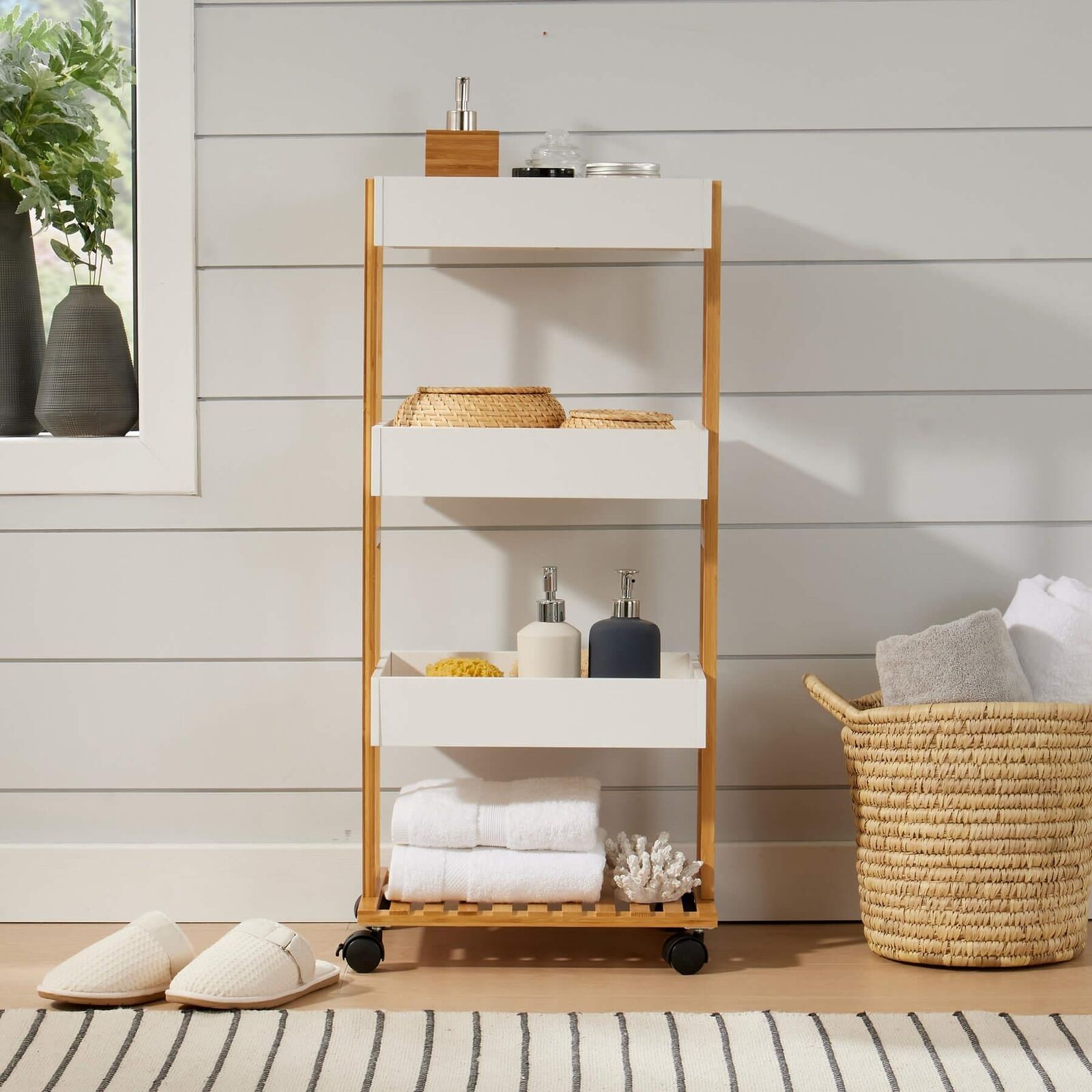 Bamboo Storage Trolley White 4 Tier with Wheels Kitchen Bathroom Organiser Unit