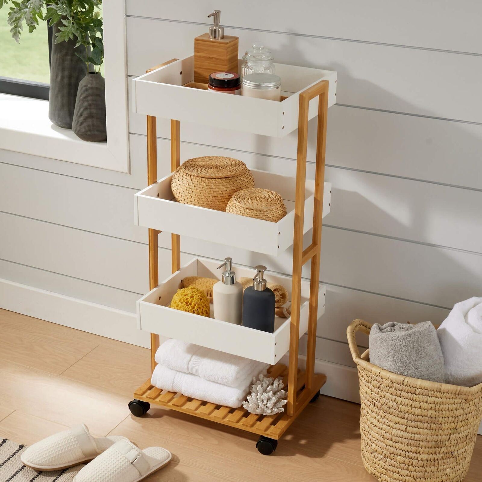 Bamboo Storage Trolley White 4 Tier with Wheels Kitchen Bathroom Organiser Unit