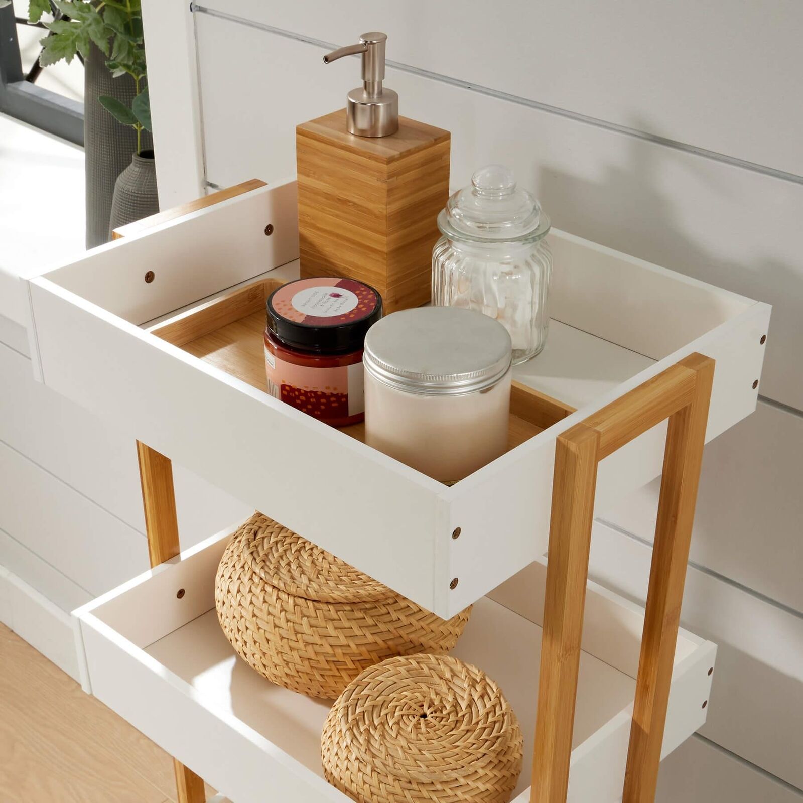 Bamboo Storage Trolley White 4 Tier with Wheels Kitchen Bathroom Organiser Unit