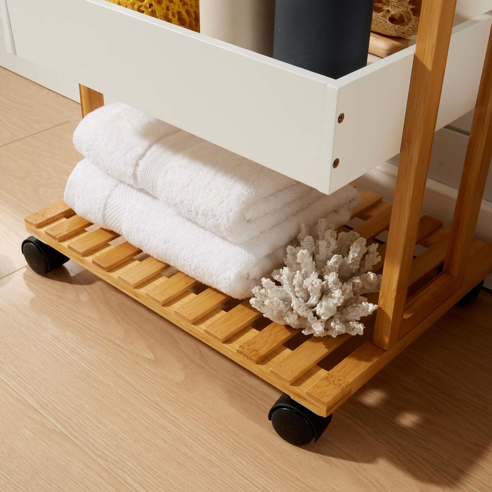 Bamboo Storage Trolley White 4 Tier with Wheels Kitchen Bathroom Organiser Unit