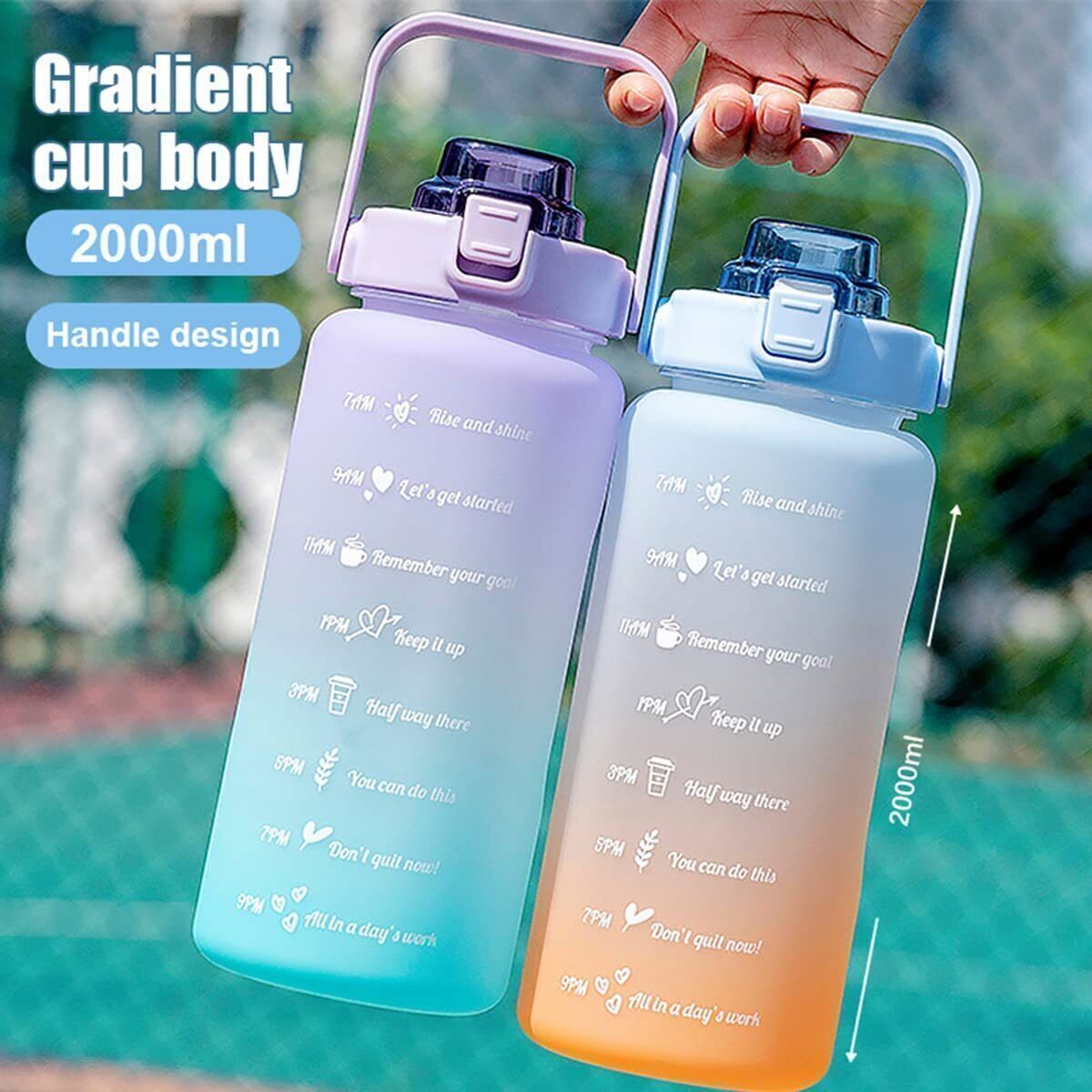 2L Motivational Water Bottle With Time Marker Straw ExtraLarge 2000ml Time Stamp