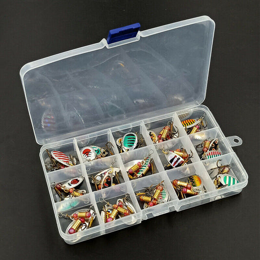 30x Metal Spinners Fishing Lures Sea Trout Pike Perch Salmon Bass Tackle Box Set