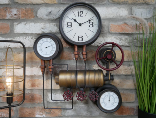 Industrial Pipe Wall Clock Vintage Steampunk Style Pipe Waterworks Triple Face Clock