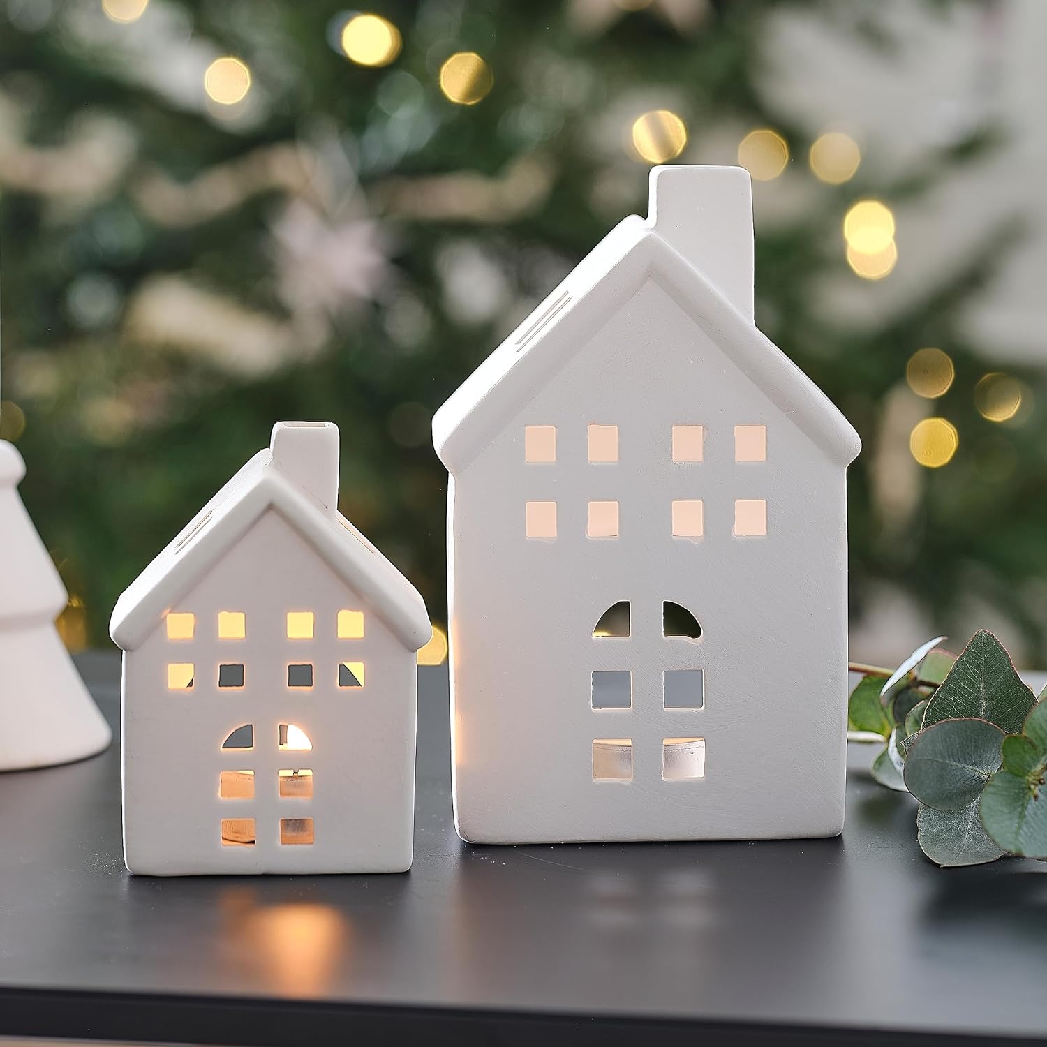 White Ceramic House Tealight Holders Christmas Fireplace Tabletop Decorations 2 Pack