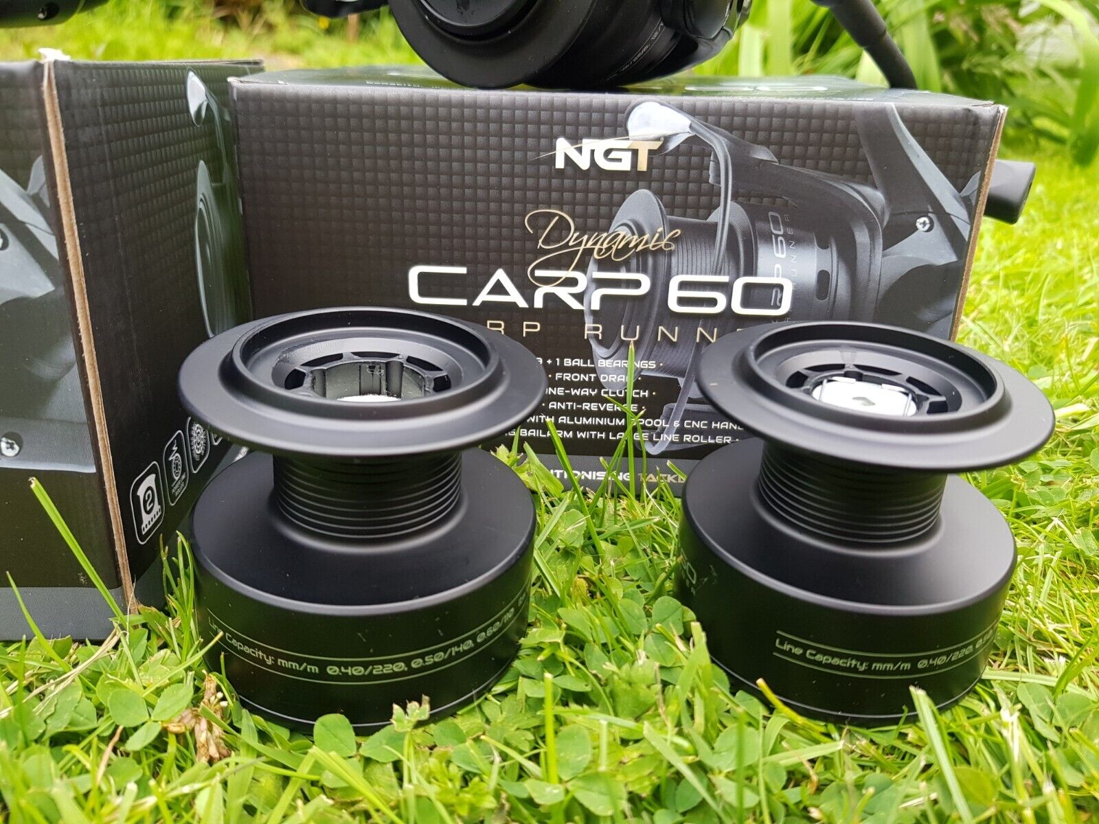 2 x NGT Dynamic 60 6000 Carp Fishing Black Bait Runner Reels 10BB Spare Spool