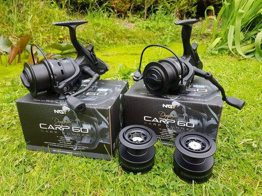 2 x NGT Dynamic 60 6000 Carp Fishing Black Bait Runner Reels 10BB Spare Spool