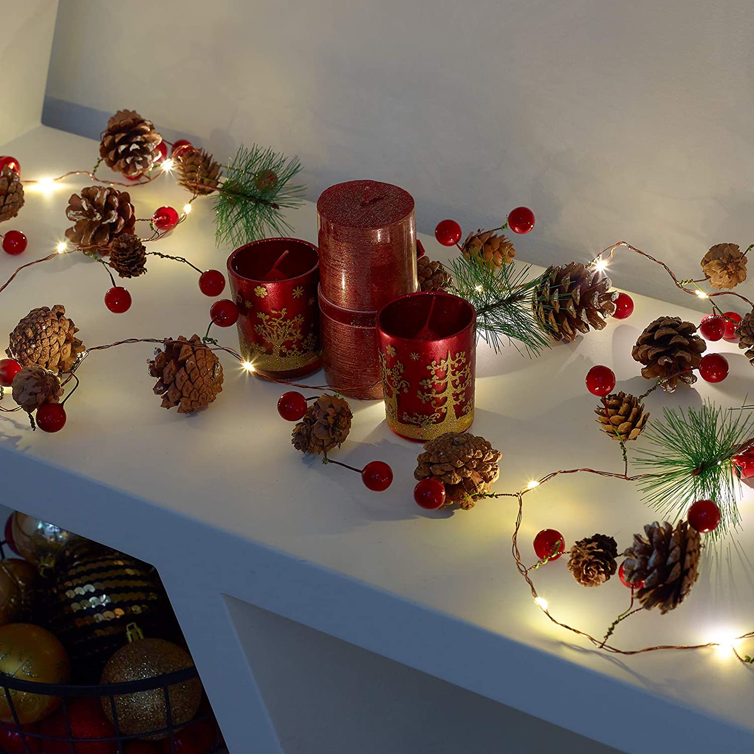 Christmas Garland with Lights | LED Christmas Lights Xmas Garland Pine Cone Fairy Lights | Wreath Light Up Christmas Decorations Battery Operated