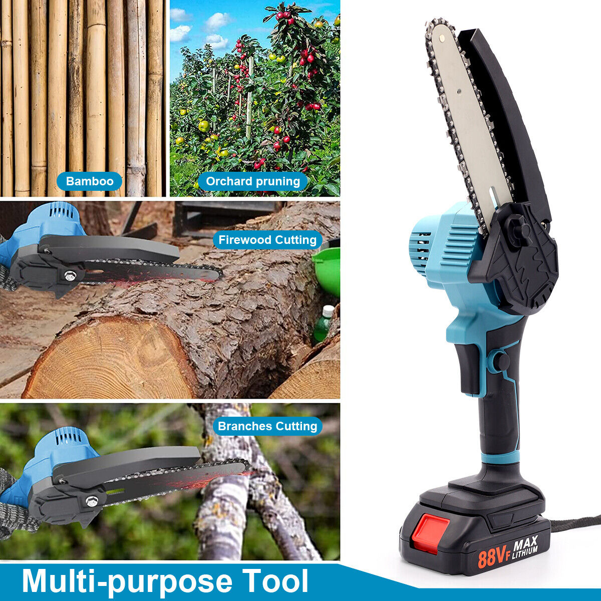 4000W Mini Cordless Chainsaw Electric One-Hand Saw Wood Cutter 2 Batteries