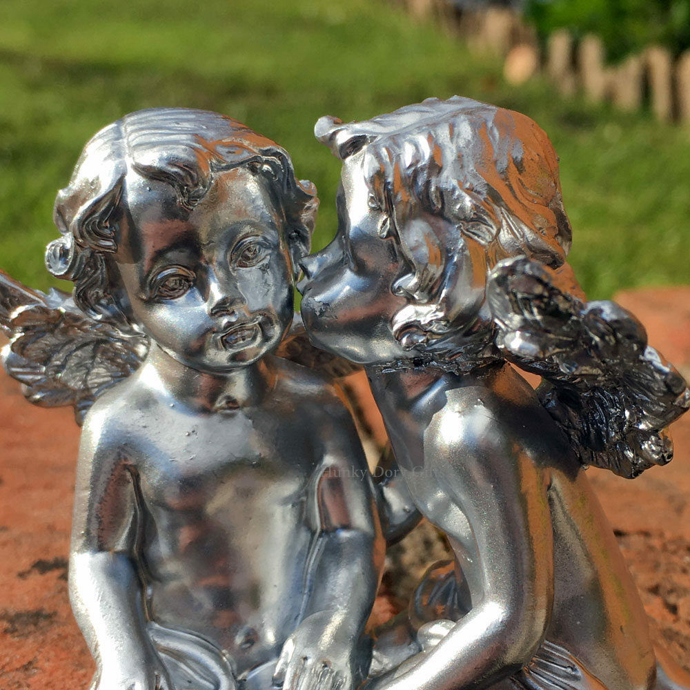 Cherub Ornament Small Silver Shelf Sitting Pair Home or Garden Figurine Ornament