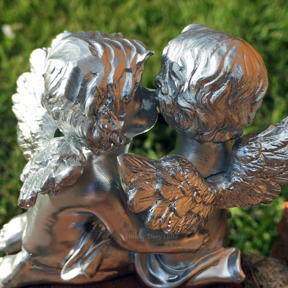 Cherub Ornament Small Silver Shelf Sitting Pair Home or Garden Figurine Ornament