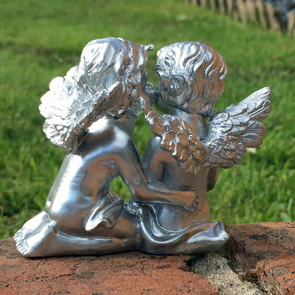 Cherub Ornament Small Silver Shelf Sitting Pair Home or Garden Figurine Ornament