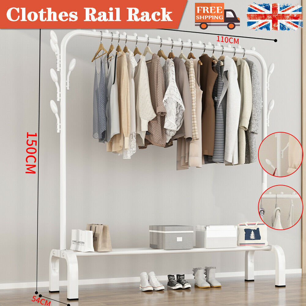 Heavy Duty Clothes Rail Metal Garment Hanger Display Stand Rack 8 Side Hooks