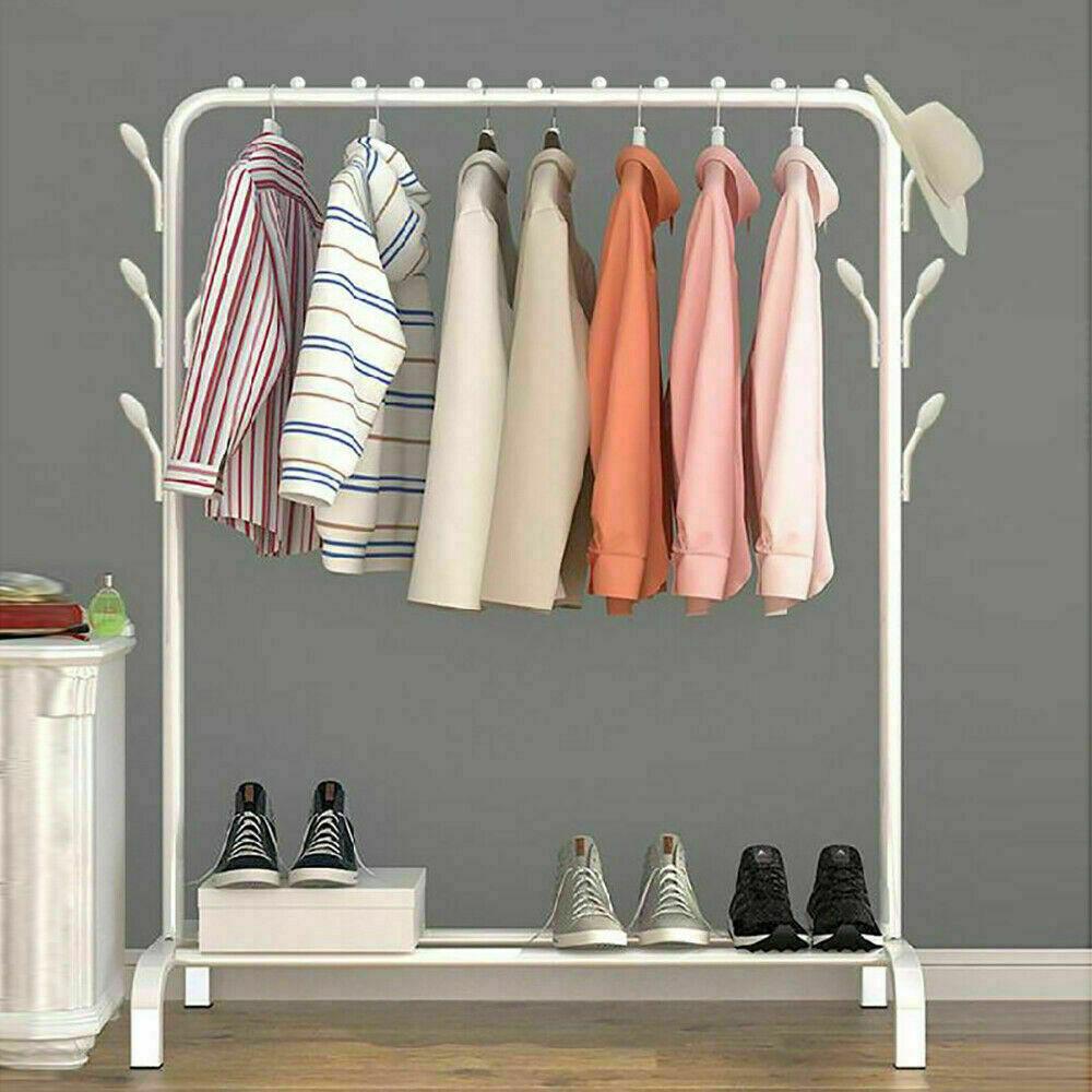 Heavy Duty Clothes Rail Metal Garment Hanger Display Stand Rack 8 Side Hooks