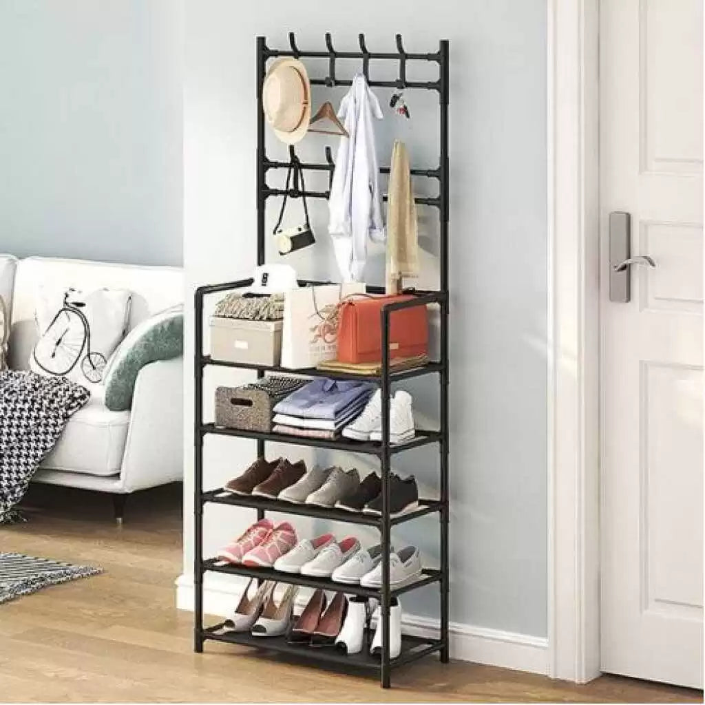 8 Hooks Coat and Hat Stand Metal+Plastic Shoe Rack Bedroom 5 Tiers Shelf Hanger