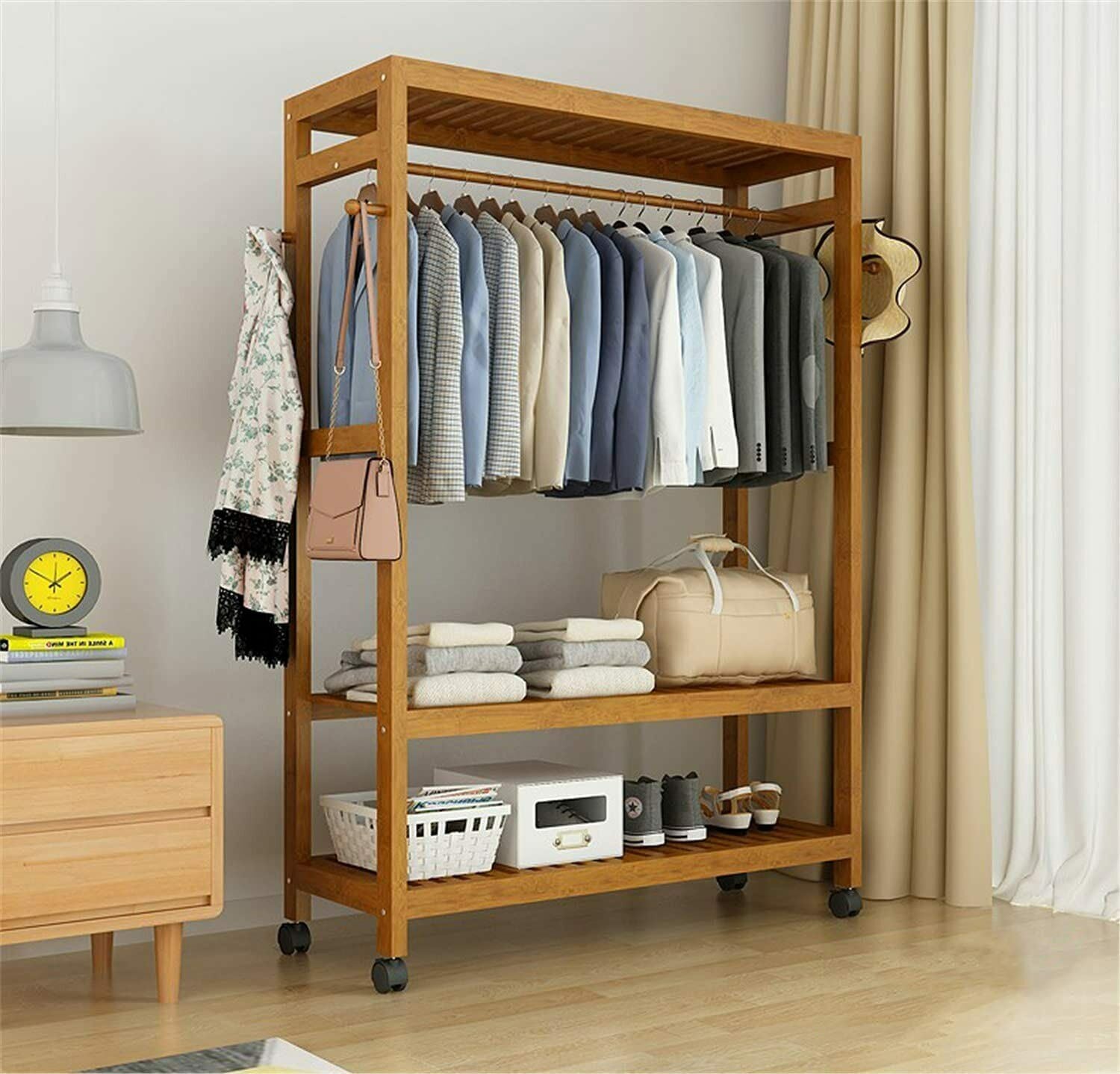 Heavy Duty Wooden Clothes Rail Rack Garment Hanging Stand Corner Open Wardrobe