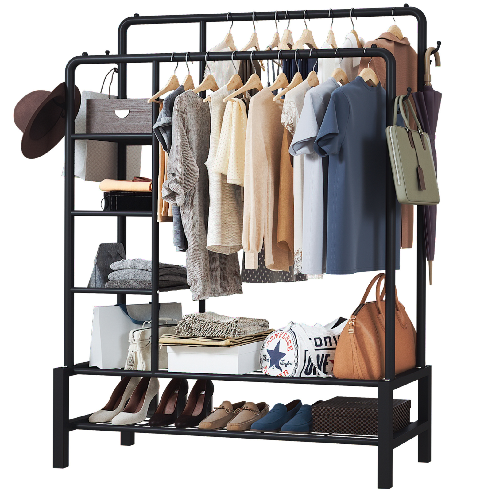 Heavy Duty Double Clothes Rail 120KG Load Clothes Rack for Bedroom Open Wardrobe