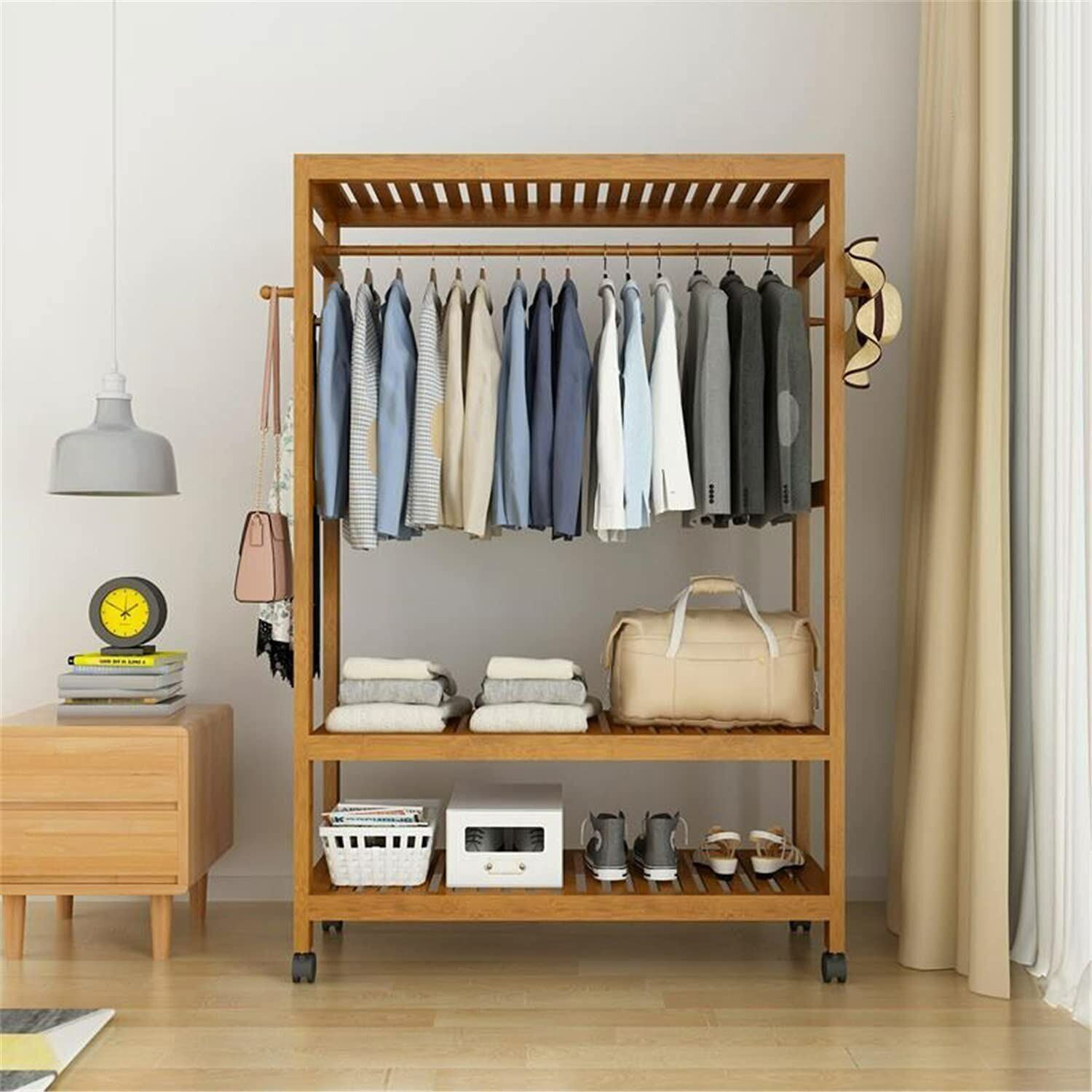 Heavy Duty Wooden Clothes Rail Rack Garment Hanging Stand Corner Open Wardrobe