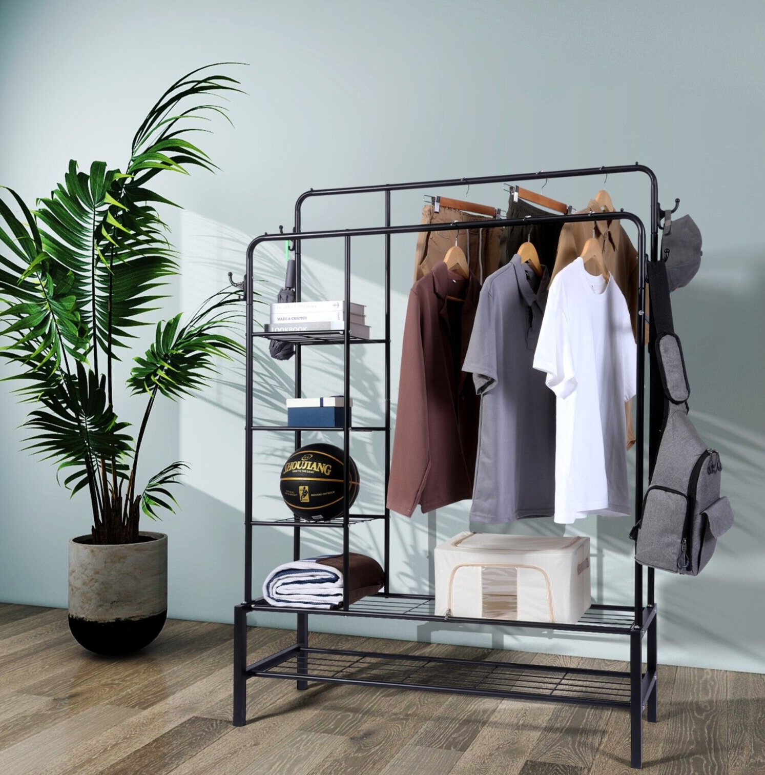 Heavy Duty Double Clothes Rail 120KG Load Clothes Rack for Bedroom Open Wardrobe