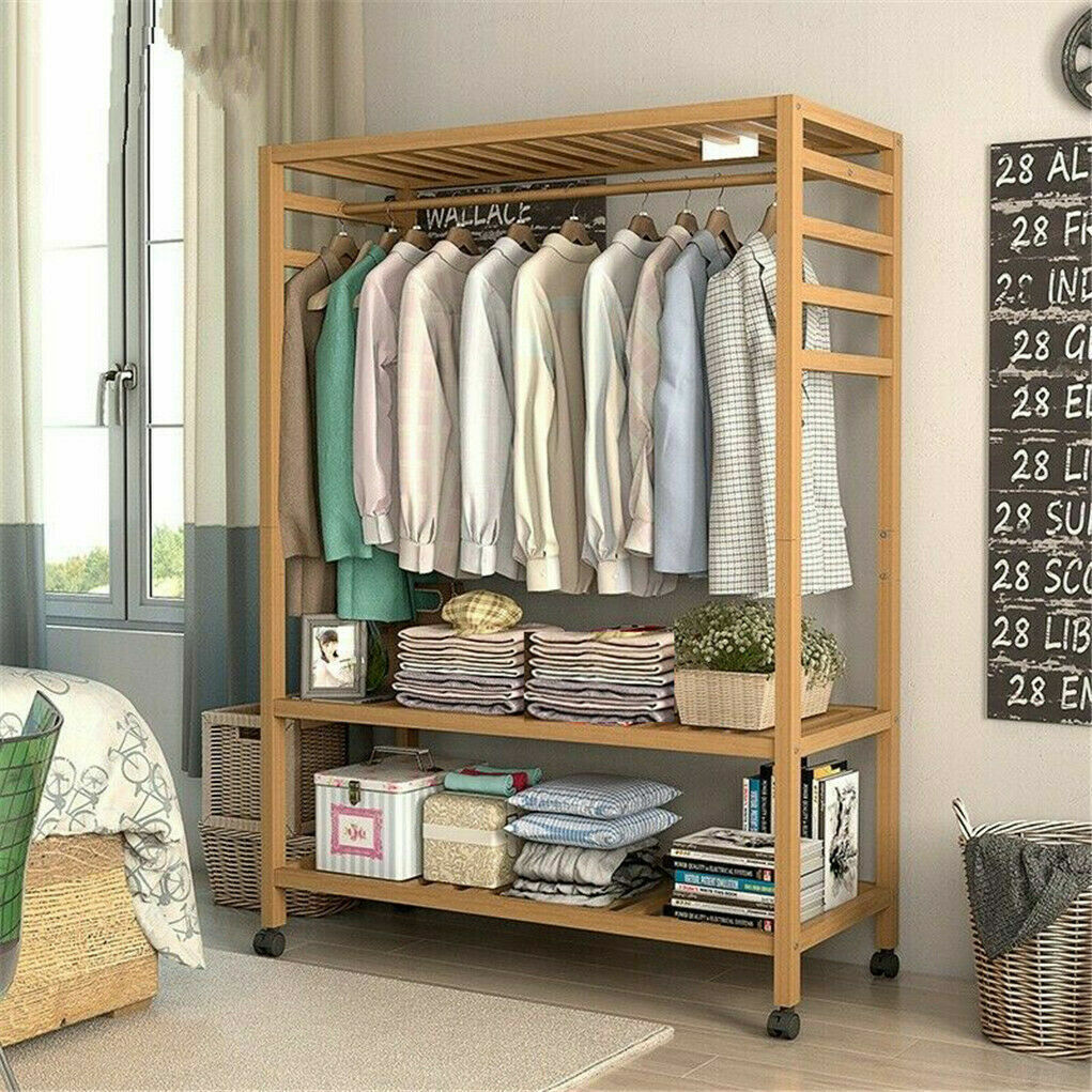 Heavy Duty Wooden Clothes Rail Rack Garment Hanging Stand Corner Open Wardrobe