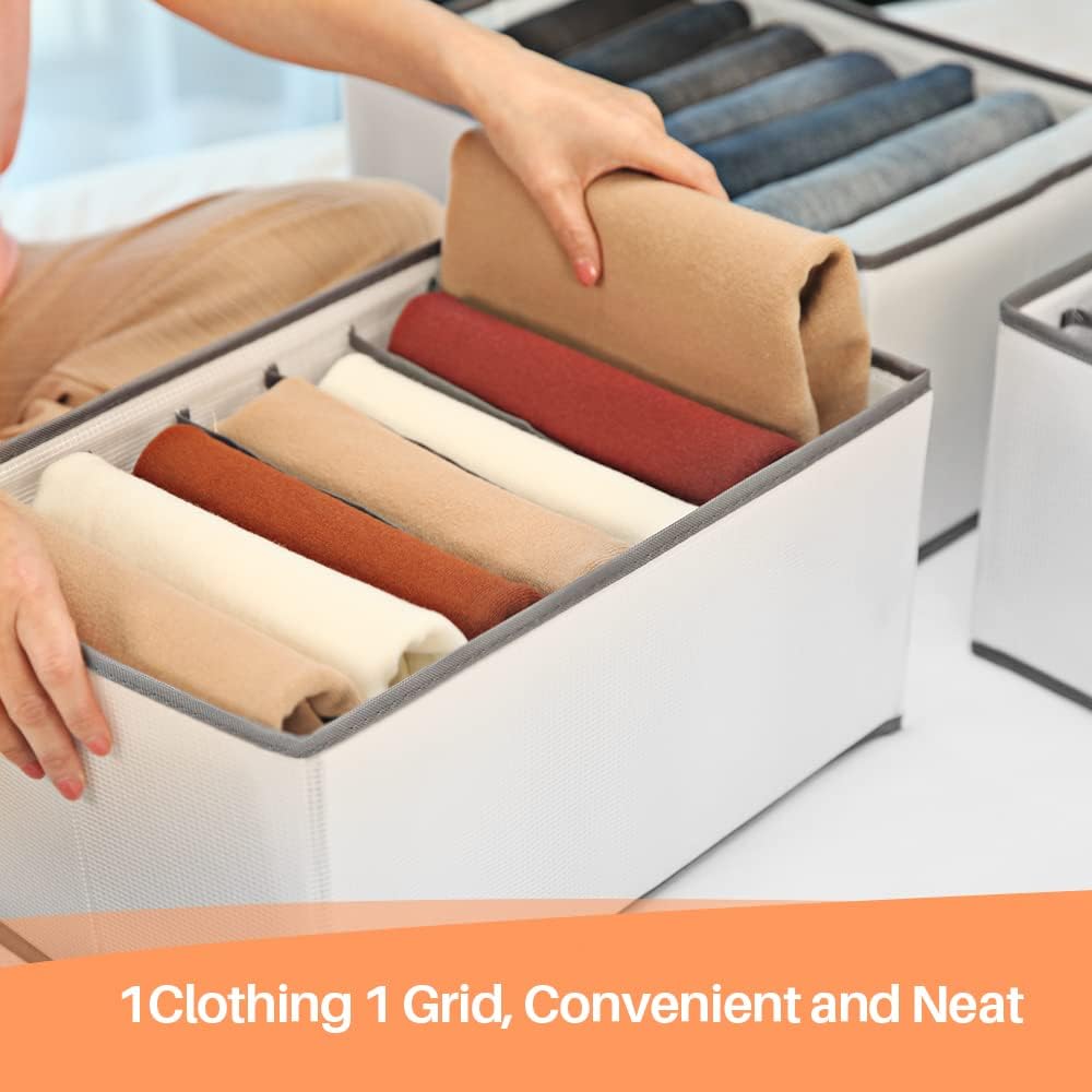 Wardrobe Closet Organiser and Storage for Clothes - 7 Grids Foldable Drawer Dividers Organizer for Jeans | Trousers | Shirts | , Stackable Clothing Storage Boxes