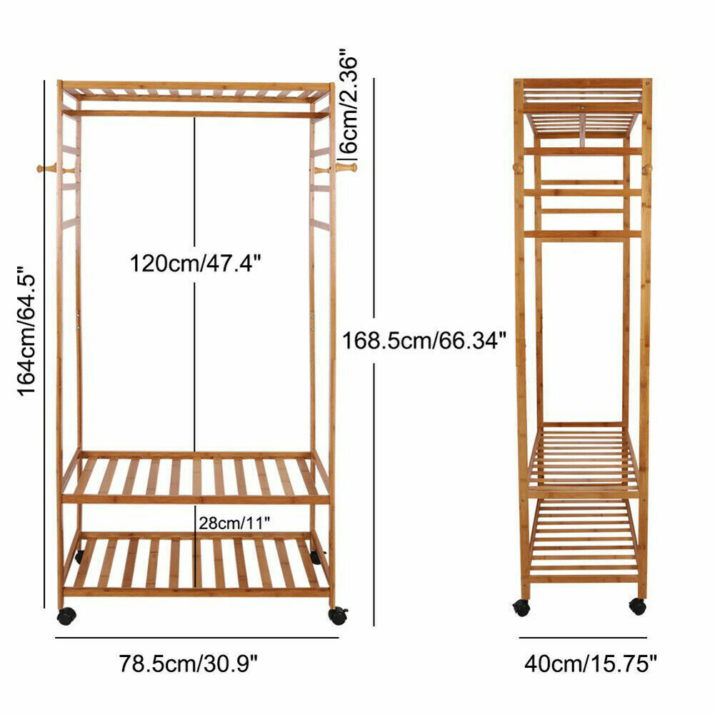 Heavy Duty Wooden Clothes Rail Rack Garment Hanging Stand Corner Open Wardrobe