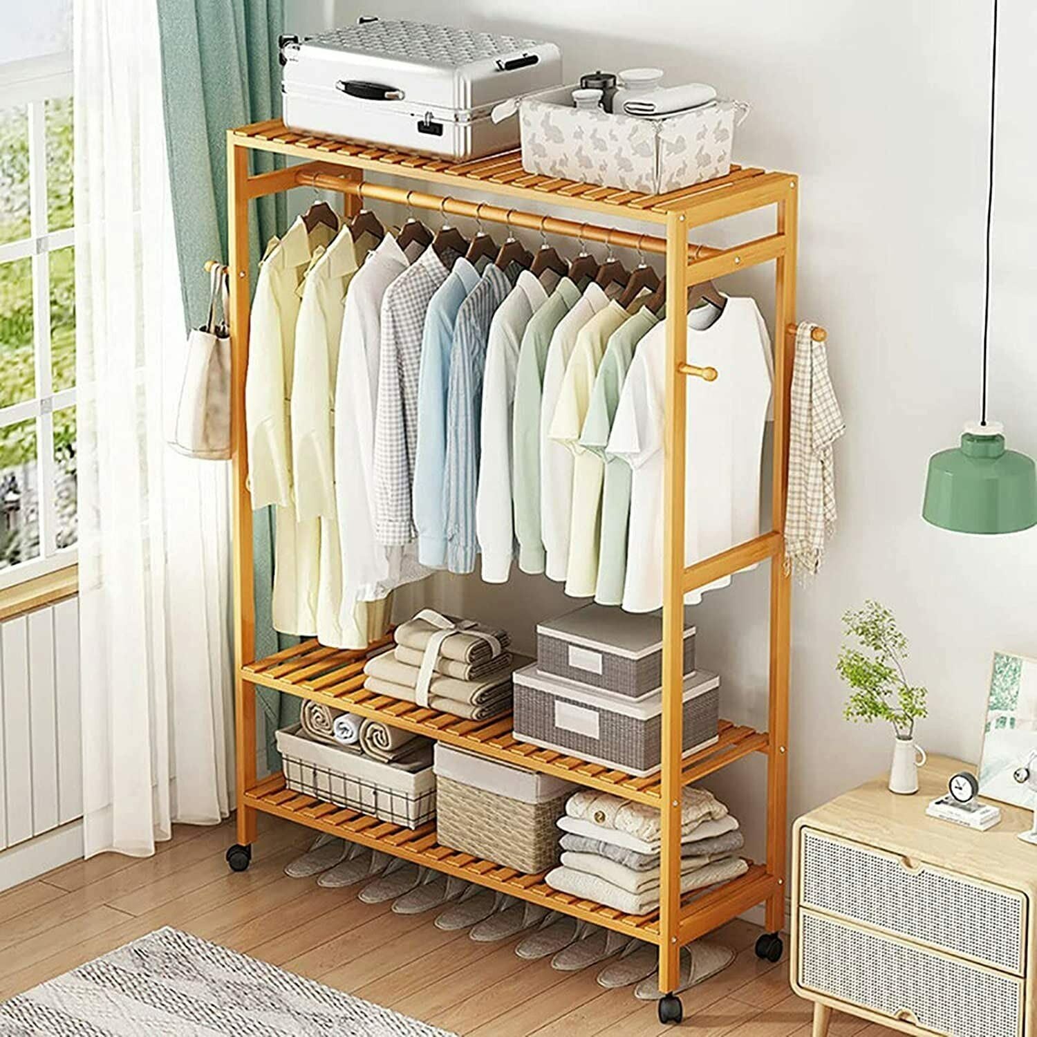 Heavy Duty Wooden Clothes Rail Rack Garment Hanging Stand Corner Open Wardrobe