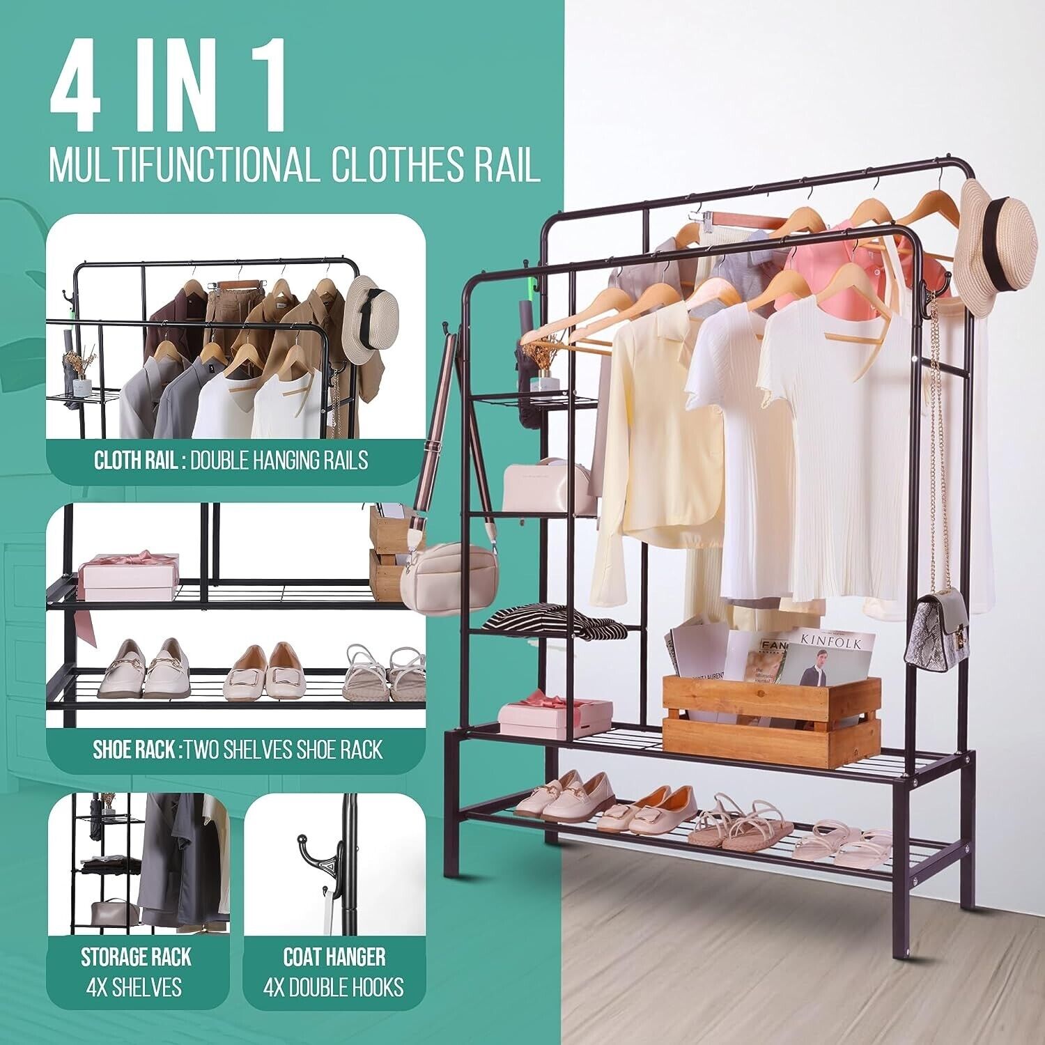 Heavy Duty Double Clothes Rail 120KG Load Clothes Rack for Bedroom Open Wardrobe