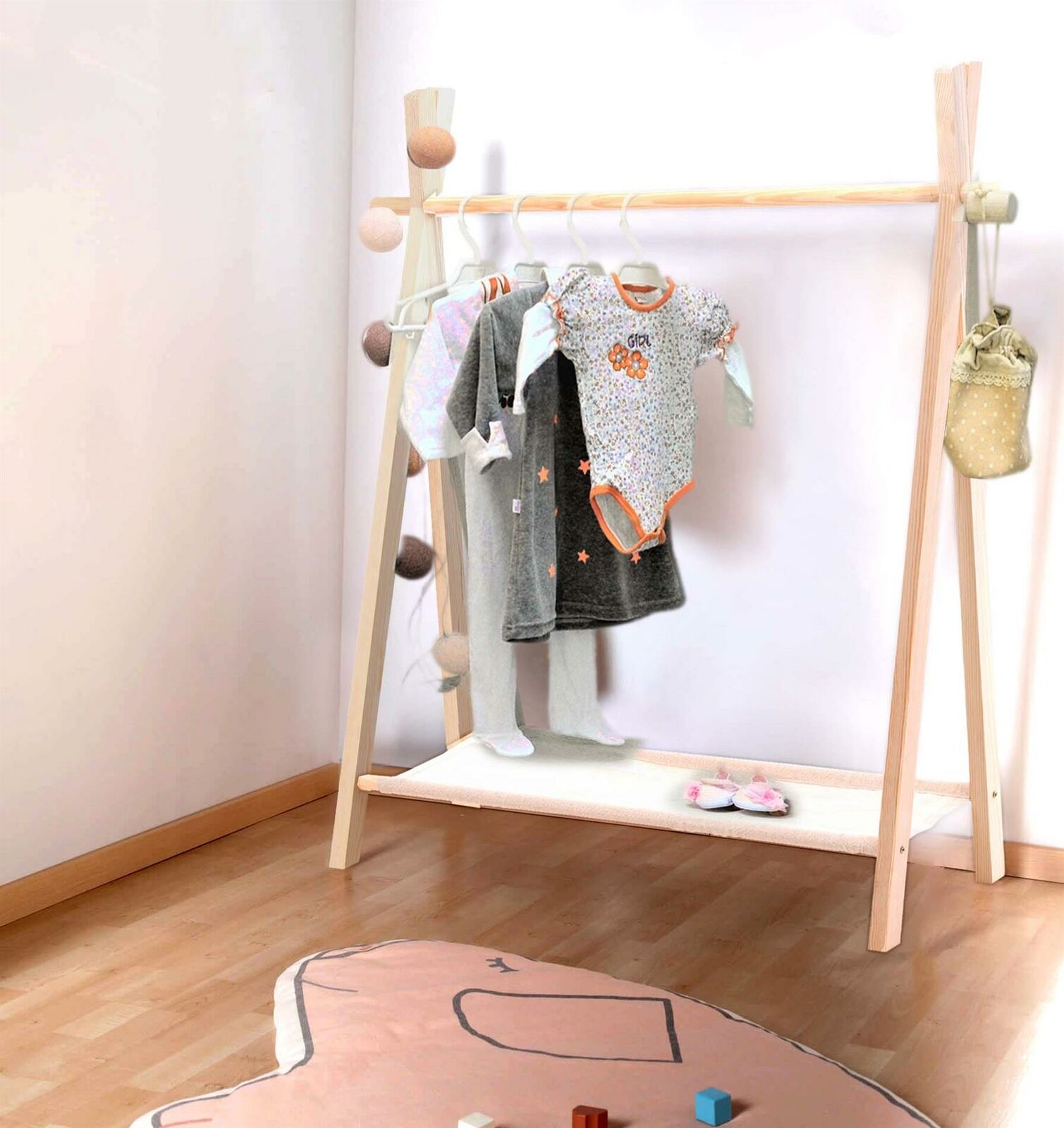 Children's Clothes Rail Coat Rack Kids Wooden Hanging Dress Up Wardrobe Storage