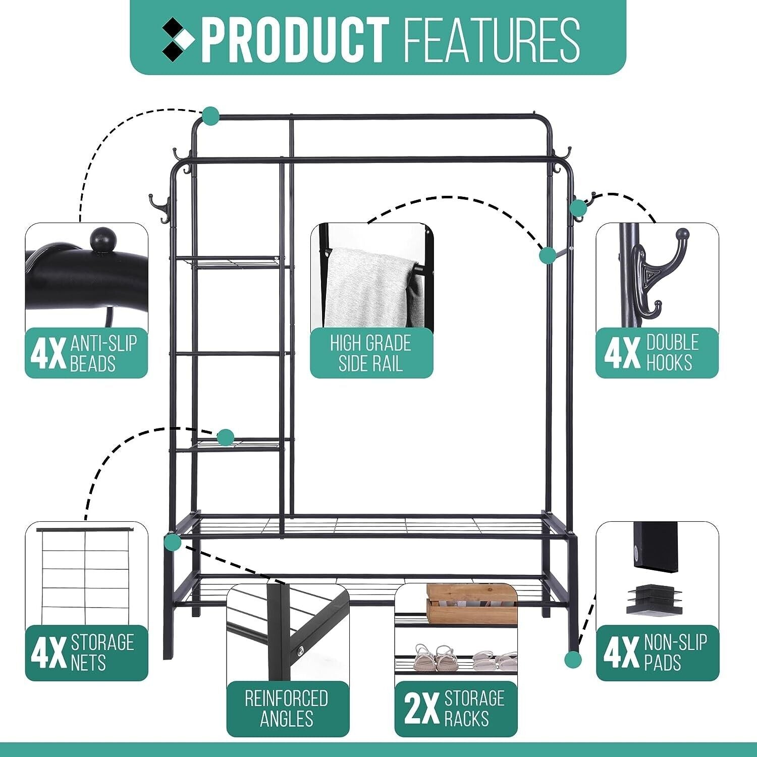 Heavy Duty Double Clothes Rail 120KG Load Clothes Rack for Bedroom Open Wardrobe